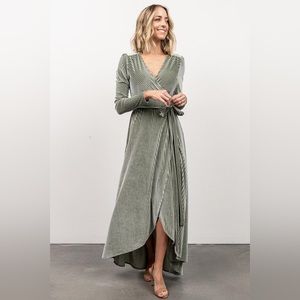 (Like-new) BALTIC BORN Jada Ribbed Velvet Wrap Dress in Dusty Sage Midi Maxi